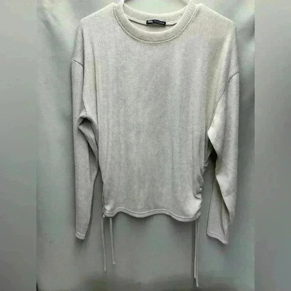 Zara Tan long sleeve side drawstring ruching Shirt Size Medium - Picture 2 of 4